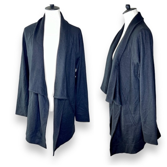 Theory Clarania Victorious Drape Front Cardigan 100% Wool Waterfall Black Sz L - Picture 1 of 11
